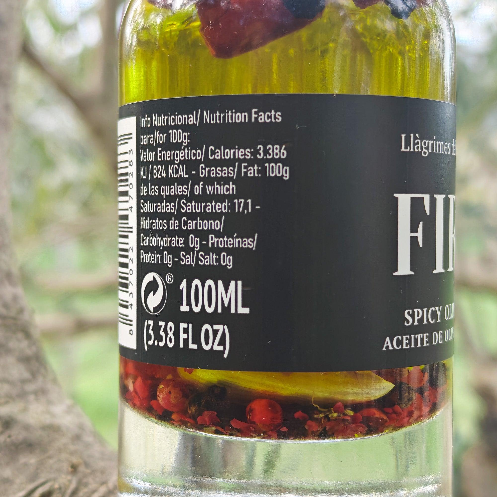 FIRE – Spicy Chili, Garlic & Pepper Infused Extra Virgin Olive Oil – 100ml / 3.38 fl oz – Llàgrimes del Canigó
