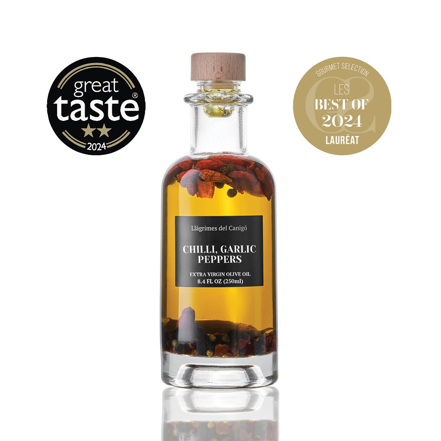 Spicy Chili, Garlic & Pepper Infused Extra Virgin Olive Oil – 250ml / 8.45 fl oz – Llàgrimes del Canigó